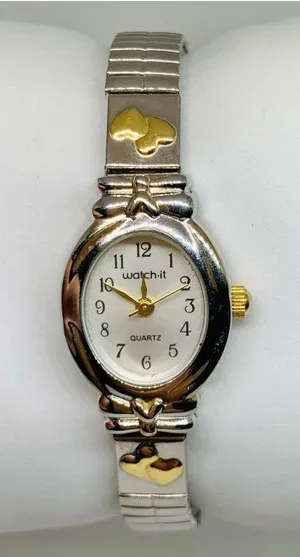 Watch-it Silver gold tone hearts women watch 18mm oval quartz analog 6” running thumbnail 1