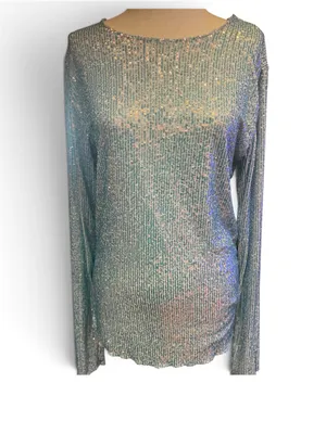 Free People Gold Rush long-sleeve iridescent sequin top in a light blue shade XL thumbnail 3