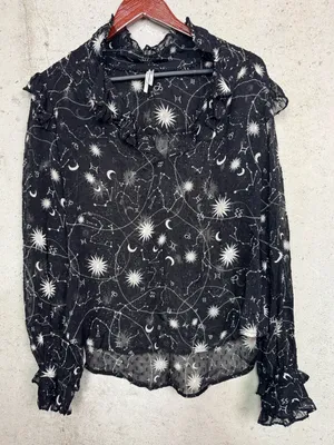 Anthropologie Black Sheer Celestial puffed sleeve Ruffle Blouse M thumbnail 2