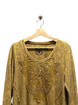 Affliction Long Sleeve Waffle Knit Top Mustard Size L Y2K Casual Punk Neutral thumbnail 5
