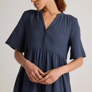 NWT Quince Gauze Split Neck Navy Midi Dress 100% Organic Cotton Tiered Sz XS thumbnail 2