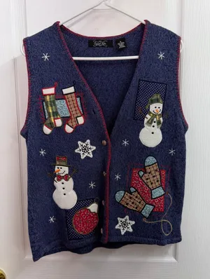 Vintage Crystal Kobe blue knit patchwork button down sweater vest Christmas M Size M thumbnail 1