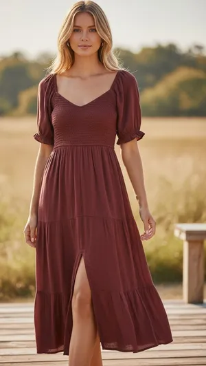 Abercrombie & Fitch Burgundy Red Smocked Puff Sleeve Slit Maxi Dress Size XS thumbnail 1