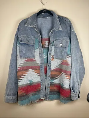 Women's Patchwork Denim Jacket Aztec Print Shacket Oversized Boho sz XS Blue thumbnail 2