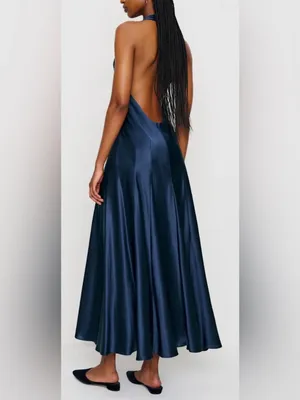 NEW Reformation Kaylah Silk Halter Navy Blue Dress sz 6 thumbnail 2