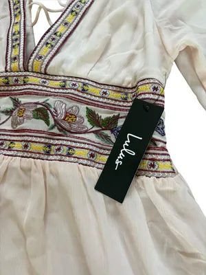 Lulus Reign Check Pale Peach Embroidered Dress Mini Boho Womens Medium NEW thumbnail 11