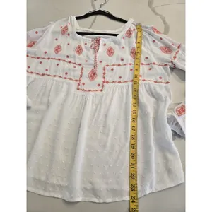 ​Solitaire Embroidered Large Coral & White Boho Swiss Dot Peasant Tie Neck Top thumbnail 6