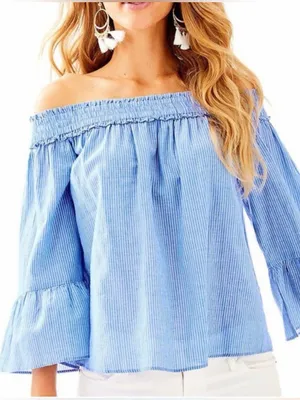Lilly Pulitzer preppy summer blue pinstripes bell sleeve off the shoulder top xs thumbnail 1