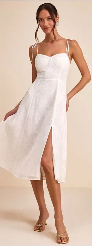 LULU’S Loveliest Looks White Floral Jacquard Tie-Strap Midi Dress thumbnail 1