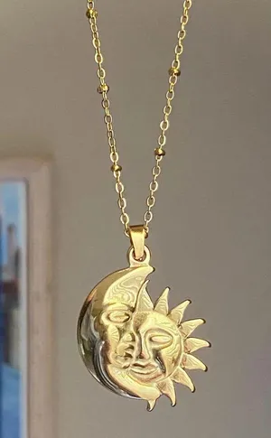 Handmade gold tone stainless steel whimsical vintage boho style sun & moon necklace🌛🌞 thumbnail 1