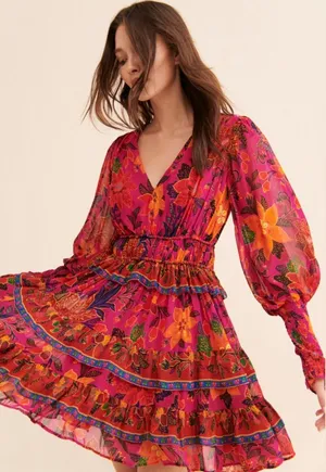 Farm Rio Tropical Derby Dress Bohemian‎ Floral Orange Pink Fairy Whimsical thumbnail 1