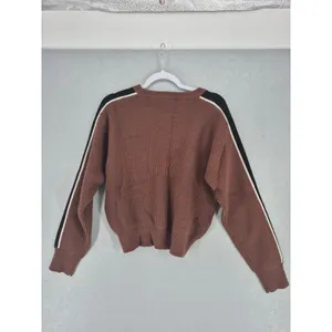 Womens Sweater Brown Ribbed Knit Racing Stripe Crewneck‎ Large thumbnail 3