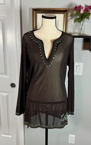 Vintage Y2K New York & Company Brown Mesh Tunic Embroidered Sequin V-Neck Large thumbnail 1