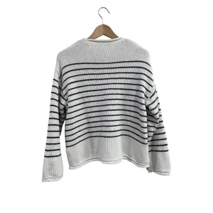 Zara Womens Striped Cotton Knit Sweater Ivory Navy Blue Size S Small Relaxed Fit thumbnail 2