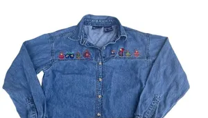 Solutions Denim Christmas Holiday Denim Button Up Shirt Embroidered‎ Small Ugly thumbnail 1