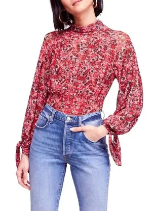 Free People All Dolled Up Mesh Floral Mock Neck Top Blouse Size XS‎ Open Back thumbnail 1