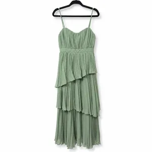 NEW Lulus Jehona Sage Green Brush Pleated Tiered Maxi Dress Chiffon Gown Large thumbnail 5