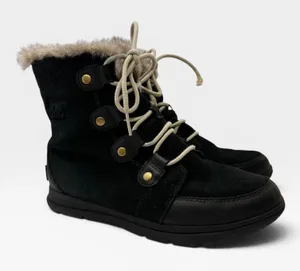 Sorel Explorer Joan Suede Winter Boots Womens Size 10 Black Faux Fur Waterproof thumbnail 1