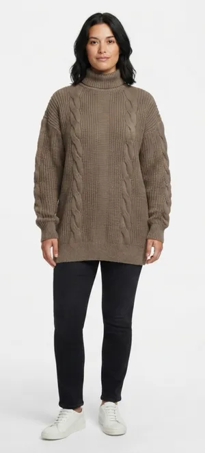 SHEIN Taupe Cable Knit Oversized Turtleneck Sweater M thumbnail 1