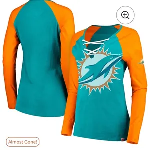 Women's Miami Dolphins Majestic Aqua/Orange Long Sleeve Lace-Up V-Neck T-Shirt l thumbnail 2