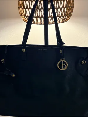 henri bendel Black Leather Tote with Gold Logo Charm thumbnail 1