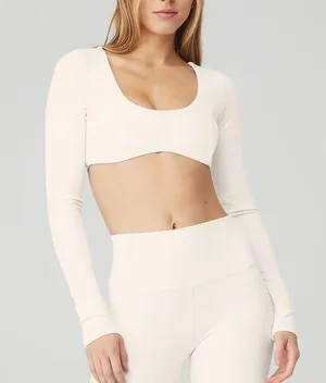 Alo ribbed defined long sleeve bra top in ivory thumbnail 1