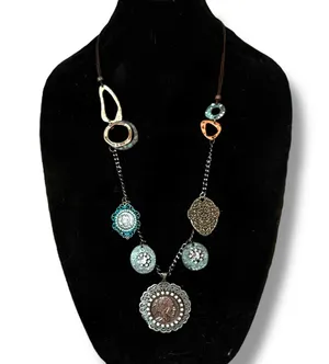 Long mixed metal coin medallion charm necklace thumbnail 1