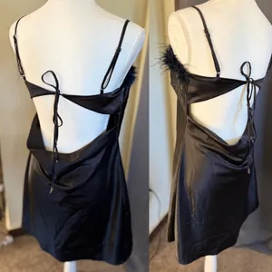 Thirty/Thirty LA Black Satin Feather Trim Mini Dress Open Back‎ Tie XL thumbnail 5