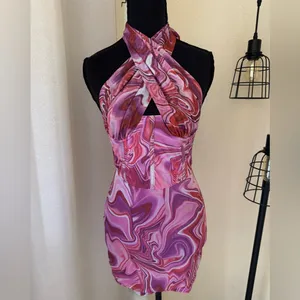 Bardot Pink Tie Dye Mesh Halter Mini Dress XS Y2K Bodycon Ruched thumbnail 2