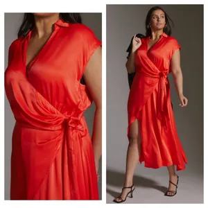 Anthropologie Maeve Open-Back Satin Wrap Midi Dress Orange Small Resort Wear thumbnail 12