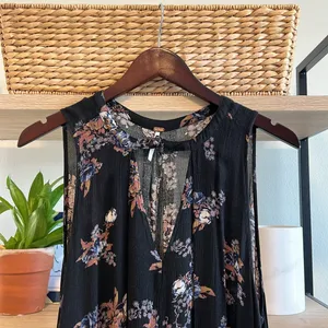 Free People Tree Choker Neck Swing Dress w/Pockets Black Floral Print, S thumbnail 4