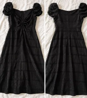 Antonio Melani Black Tonal Plaid Puff Sleeve Ruched Midi Dress Size 8 thumbnail 1
