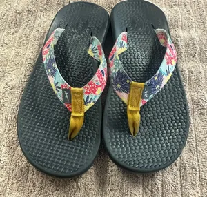 Chaco Women's Black Flip Flops with Floral Straps and Mustard Toe Post SZ:9 thumbnail 1