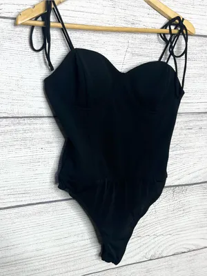 Lulu's Black Bustier Structured Cup Sweetheart Shoulder Tie Bodysuit Size Medium thumbnail 3
