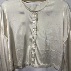 12th Tribe Women’s Top Blouse Satin Bell Sleeve Button Front Ivory Cream Large thumbnail 3