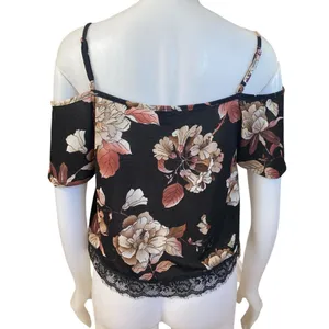 Free Press Clothing black pink floral off the shoulder short sleeve crop top M thumbnail 4