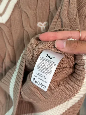 TNA Taupe Cable Knit V-Neck Sweater with Cream Trim Cropped thumbnail 3