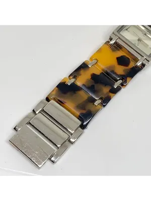 Folio women’s watch 28mm silver tone tortoise shell acrylic link 6” running thumbnail 6