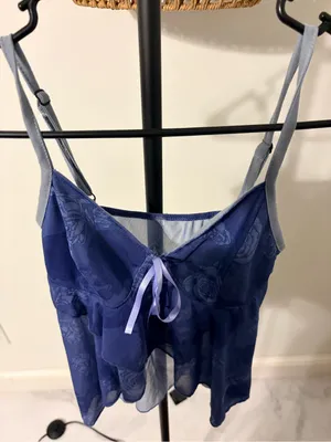 ROMWE Sheer Floral Lace Chemise in Deep Blue with Light Blue Straps thumbnail 1