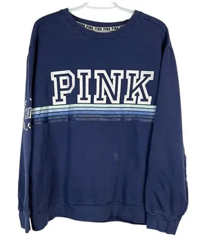 Victoria's Secret PINK Sweatshirt Navy Blue Striped Logo Pullover - Size Large thumbnail 1