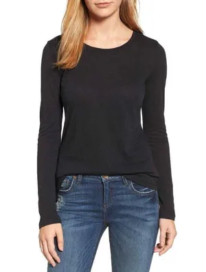 Caslon Womens Black Solid Pima Cotton Long Sleeve Crewneck T-Shirt thumbnail 1