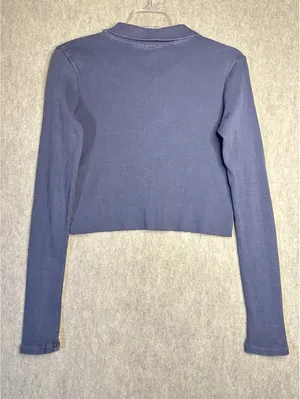 John Galt Ribbed Cropped Slate Blue Collard Button Down Long Sleeve Size Small thumbnail 3