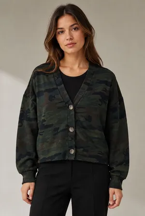 Social Standard by Sanctuary Cardigan Size S Green Camo Cropped Cardigan Utility thumbnail 1