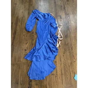 Mac Duggal Pleated Cascade Detail One-Shoulder Satin A-Line Gown Size 6 Cobalt thumbnail 4