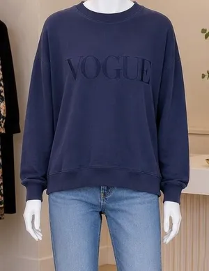 Vogue Women Sweatshirt Navy Blue Tonal Embroidered Logo Organic Cotton Medium thumbnail 1