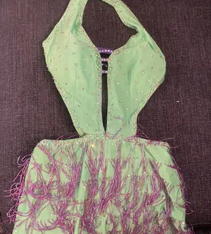 Lime green and purple cut out - mini skirt beaded dance costume thumbnail 1