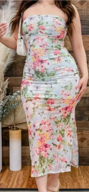 HAUTE MONDE Light Blue Pink Floral Semi Sheer Mesh Strapless Midi Dress ? w Slit thumbnail 1