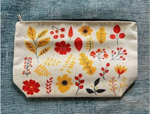 Cream Red Orange Leaf Cotton Canvas Small Makeup Bag Travel Toiletry Pouch thumbnail 1