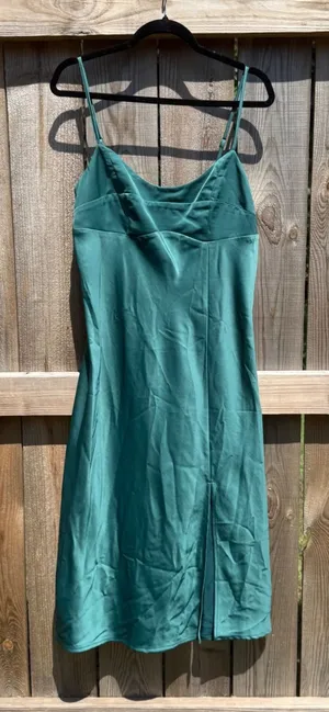 A New Day Green Teal Satin Slip Midi Dress Womens Small NWT Side Slit Adjustable thumbnail 1