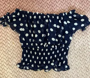 cute navy & white polka dot sheer top 💙🤍 Blue thumbnail 1